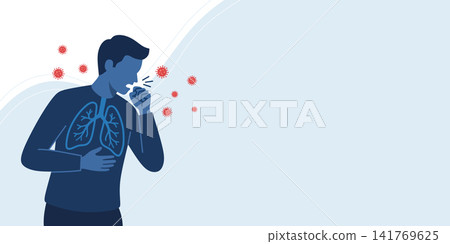 Man coughing with lung infection as symptom of hantavirus. Viral respiratory illness concept showing germ spreading through air. Medical illustration about contagious pulmonary disease. Man coughing with lung infection as symptom of hantavirus. Viral respiratory illness concept showing germ spreading through air. Medical illustration about contagious pulmonary disease. 141769625