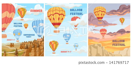 Hot air balloon festival poster collection with balloons over famous travel destinations. Cartoon hand drawn vector illustration set for tourism advertising, aviation events and vacation promotions Hot air balloon festival poster collection with balloons over famous travel destinations. Cartoon hand drawn vector illustration set for tourism advertising, aviation events and vacation promotions 141769717