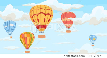 Hot air balloon festival in scenic mountain landscape with colorful aerostats in sky. Cartoon hand drawn vector illustration for tourism advertising, postcard, web and travel design Hot air balloon festival in scenic mountain landscape with colorful aerostats in sky. Cartoon hand drawn vector illustration for tourism advertising, postcard, web and travel design 141769719