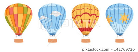 Hot air balloons collection isolated on white background. Cartoon hand drawn vector illustration set. Aviation clipart for travel design, tourism branding, summer adventure and vacation posters Hot air balloons collection isolated on white background. Cartoon hand drawn vector illustration set. Aviation clipart for travel design, tourism branding, summer adventure and vacation posters 141769720