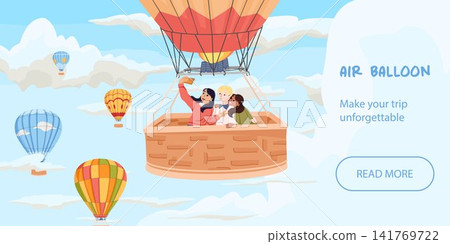 Hot air balloon flight with happy friends taking selfie in sky. Cartoon hand drawn vector illustration. Summer adventure, tourism banner, vacation poster and friendship background Hot air balloon flight with happy friends taking selfie in sky. Cartoon hand drawn vector illustration. Summer adventure, tourism banner, vacation poster and friendship background 141769722