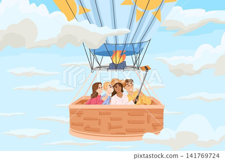 Group of friends flying in hot air balloon basket and making selfie photo in sky. Cartoon hand drawn vector illustration for holiday advertising and tourism design Group of friends flying in hot air balloon basket and making selfie photo in sky. Cartoon hand drawn vector illustration for holiday advertising and tourism design 141769724