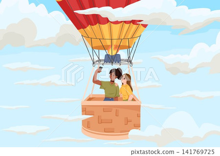 Girls traveling in hot air balloon basket above clouds and making selfie photo. Cartoon hand drawn vector illustration for holiday postcard, tourism advertising and travel design Girls traveling in hot air balloon basket above clouds and making selfie photo. Cartoon hand drawn vector illustration for holiday postcard, tourism advertising and travel design 141769725