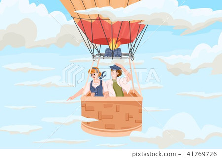 Young couple flying in hot air balloon basket above clouds during holiday journey. Cartoon hand drawn vector illustration for tourism advertising and travel design Young couple flying in hot air balloon basket above clouds during holiday journey. Cartoon hand drawn vector illustration for tourism advertising and travel design 141769726