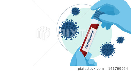 Scientist wearing blue glove holding test tube with hantavirus sample. Medical laboratory researcher analyzing virus. Microbiology analysis, infectious disease testing and research concept. Scientist wearing blue glove holding test tube with hantavirus sample. Medical laboratory researcher analyzing virus. Microbiology analysis, infectious disease testing and research concept. 141769934
