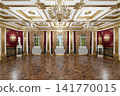 Opulent Gold And Red Ballroom Interior With Chandeliers, Parquet Floor, Classical Columns And Statues. 3d render 141770015