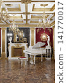 Luxurious Baroque Palace Interior With White Grand Piano, Gilded Decorations and Marble Fireplace.3d render 141770017