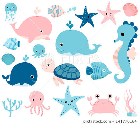 Cute ocean set with sea creatures for girls and boys summer baby shower and birthday designs Cute ocean set with sea creatures for girls and boys summer baby shower and birthday designs 141770164