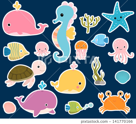 Cute vector sea animals stickers for baby designs, aquatic and nautical themes Cute vector sea animals stickers for baby designs, aquatic and nautical themes 141770166