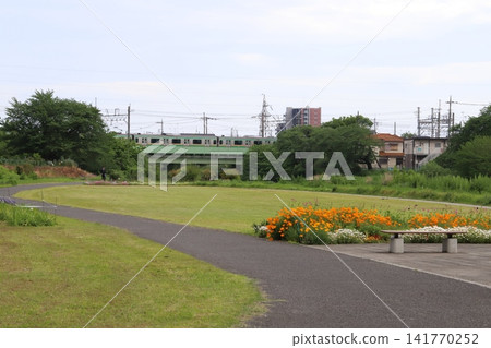 春天,居民區公園裡鮮花盛開,一列火車正駛過橫跨河流的鐵路橋。 春天,居民區公園裡鮮花盛開,一列火車正駛過橫跨河流的鐵路橋。 141770252