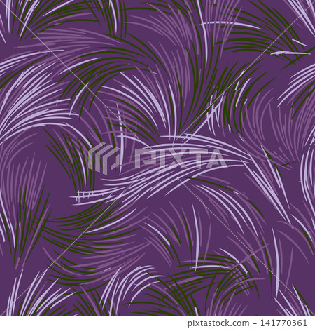Seamless abstract pattern of curved organic feathers in green and light purple on dark violet background for fabric and wallpaper vector design. Seamless abstract pattern of curved organic feathers in green and light purple on dark violet background for fabric and wallpaper vector design. 141770361