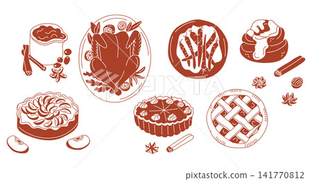 Illustration of various traditional holiday foods including turkey, pies, and desserts arranged on a table with spices and garnishes for festive celebrations Illustration of various traditional holiday foods including turkey, pies, and desserts arranged on a table with spices and garnishes for festive celebrations 141770812