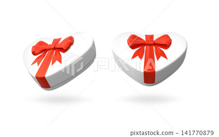 3D white gift box heart form with red ribbon bow in air, vector realistic romantic surprise closed present box 3D white gift box heart form with red ribbon bow in air, vector realistic romantic surprise closed present box 141770879