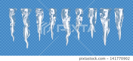 Snow icicle, 3D vector realistic hanging translucent icicle, winter seasonal water frozen element, ice texture on blue Snow icicle, 3D vector realistic hanging translucent icicle, winter seasonal water frozen element, ice texture on blue 141770902