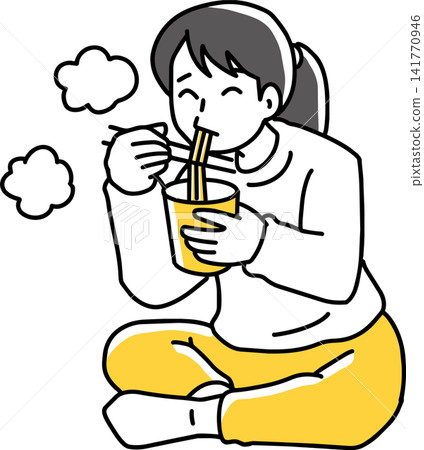 A woman sitting cross-legged eating instant ramen. A woman sitting cross-legged eating instant ramen. 141770946