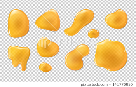 Honey drop 3D realistic vector illustrations set, yellow melt honey syrup, natural nectar, gold splash sweet liquid leak 141770950
