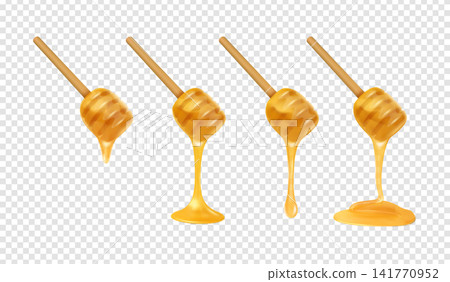 A set of wooden spindles with various dripping drops of golden honey. A set of wooden spindles with various dripping drops of golden honey. 141770952