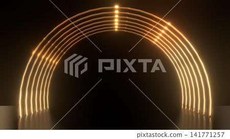Copy space material featuring a golden, glowing arched 3D neon frame and a black background with floor reflections. Copy space material featuring a golden, glowing arched 3D neon frame and a black background with floor reflections. 141771257
