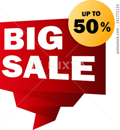 3D red folded ribbon Big Sale banner template with up to 50 percent off badge badge layout for retail shopping promo discount offer design 141772110