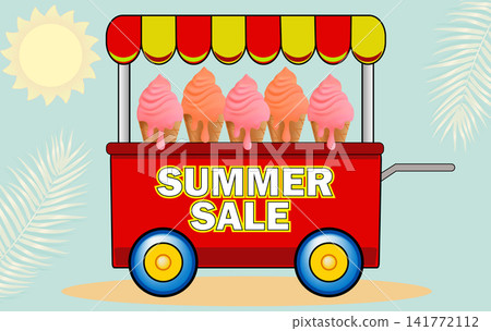 Red ice cream cart truck layout template with colorful sweet desserts for summer sale promo marketing advertisement poster banner design Red ice cream cart truck layout template with colorful sweet desserts for summer sale promo marketing advertisement poster banner design 141772112