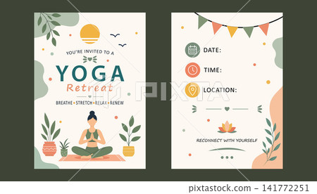 Modern flat yoga retreat invitation flyer template with coordinated front and back layouts Modern flat yoga retreat invitation flyer template with coordinated front and back layouts 141772251