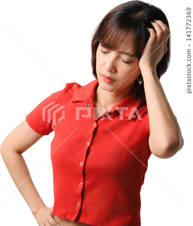 Asian woman red shirt portrait isolated headache tired expression, touching head against transparent background for health concept Asian woman red shirt portrait isolated headache tired expression, touching head against transparent background for health concept 141772369
