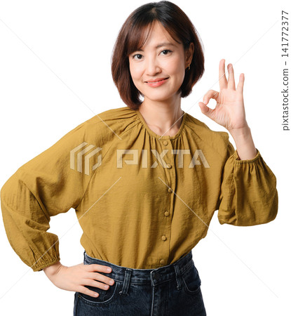 Asian woman portrait smile gesture blouse isolated transparent background showing confident expression and friendly hand sign for communication 141772377