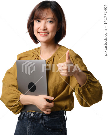 Asian woman laptop thumb up office portrait isolated, smiling professional holding computer against transparent background for commercial concept Asian woman laptop thumb up office portrait isolated, smiling professional holding computer against transparent background for commercial concept 141772404