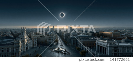 Total Solar Eclipse Over Cybele Palace and Madrid Cityscape Total Solar Eclipse Over Cybele Palace and Madrid Cityscape 141772661