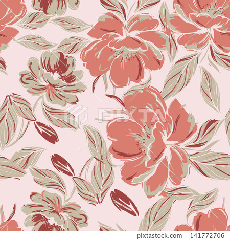 Abstract brush strokes floral seamless pattern featuring coral pink rose peonies and sage green leaves for elegant textile and wallpaper design. Abstract brush strokes floral seamless pattern featuring coral pink rose peonies and sage green leaves for elegant textile and wallpaper design. 141772706