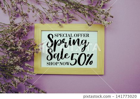 Spring Sale 50% Promotion and Marketing with flowers bouquet decoration on purple background Spring Sale 50% Promotion and Marketing with flowers bouquet decoration on purple background 141773020