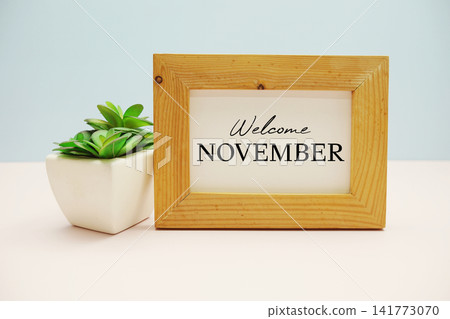 wooden frame with text "WELCOME NOVEMBER" and small artificial plant wooden frame with text "WELCOME NOVEMBER" and small artificial plant 141773070
