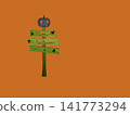 Halloween trick or treat rickety old wooden signpost with carved pumpkin face orange background 141773294