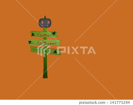 Halloween trick or treat rickety old wooden signpost with carved pumpkin face orange background Halloween trick or treat rickety old wooden signpost with carved pumpkin face orange background 141773294
