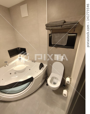 Bathroom Interior with Corner Whirlpool Bathtub and Glass Shower Cabin Bathroom Interior with Corner Whirlpool Bathtub and Glass Shower Cabin 141773546