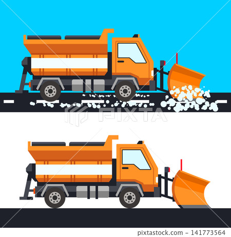 Snowplow truck clearing snowy road illustration set with snowplow, clearing 141773564
