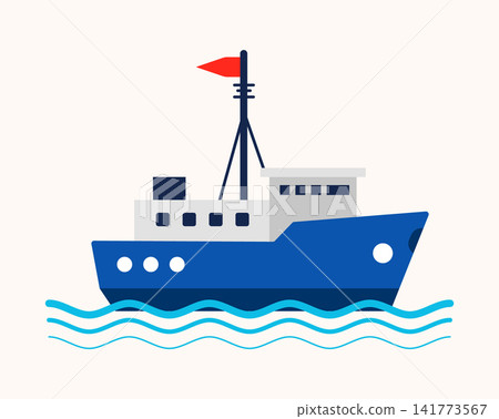 Blue cargo ship icon sailing on stylized ocean waves with transport, nautical Blue cargo ship icon sailing on stylized ocean waves with transport, nautical 141773567