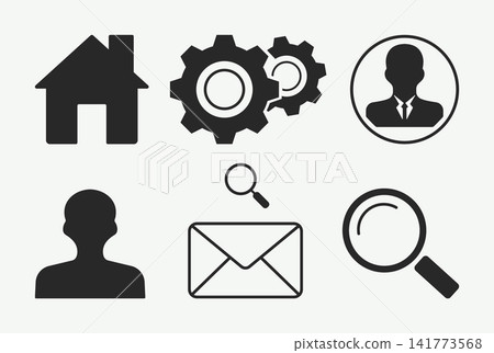 Set of black web interface icons featuring home gear and profile, interface Set of black web interface icons featuring home gear and profile, interface 141773568