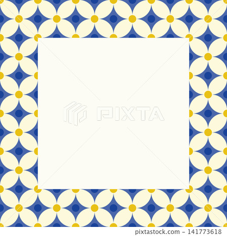 Geometric flower tile square vector border in blue and yellow colors, Floral motif pattern frame background Geometric flower tile square vector border in blue and yellow colors, Floral motif pattern frame background 141773618
