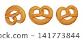 Set of 3d Bavarian Pretzel icon. Germany Pretzel with Salt for Oktoberfest, isolated on background. Food for beer. 3d render illustration 141773844