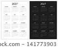 Modern Calendar 2027 year on black and white background, language English. Week starts on Sunday. Page for size A4. Vector illustration 141773903