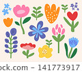 Large set of Simple trendy spring flowers. Cute Abstract doodle flowers and plant collection. Cartoon Naive floral element, decorative graphic for children, wedding card, vector illustration 141773917