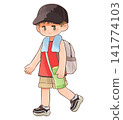 A boy walking with a backpack on during a summer outing. 141774103
