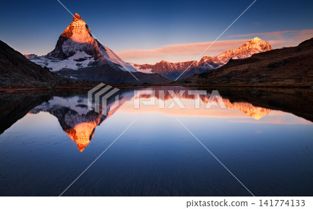 Matterhorn Mountain Sunrise Reflection in Alpine Lake Panorama Matterhorn Mountain Sunrise Reflection in Alpine Lake Panorama 141774133