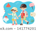 An illustration of children going out in the summer and typical summer scenes. 141774201
