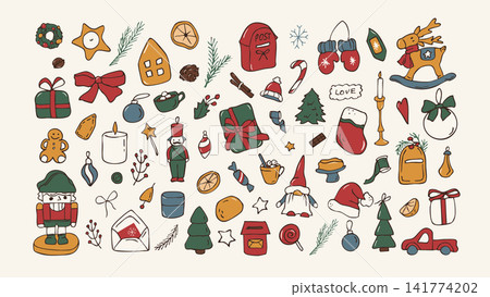 Hand drawn colorful Christmas nutcracker and vintage retro toys set vector doodle illustration Hand drawn colorful Christmas nutcracker and vintage retro toys set vector doodle illustration 141774202