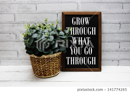 small black chalkboard sign with white text reading "Grow Through What You Go Through" against a white brick wall and wooden surface small black chalkboard sign with white text reading "Grow Through What You Go Through" against a white brick wall and wooden surface 141774265