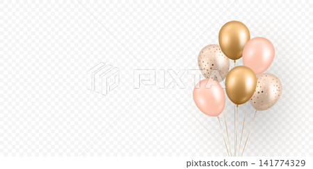 Vector 3d Balloon Bouquet Isolated. Gold and Pink Party Balloons. Elegant Birthday Balloons with Confetti Balloons for Celebration, Wedding, Baby Shower and Holiday Design 141774329
