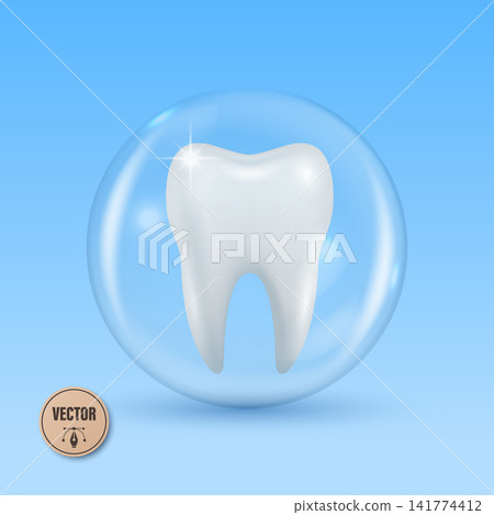 Tooth Protection Concept with White 3d Vector Tooth in Transparent Bubble. Dental Care, Oral Hygiene and Enamel Safety Symbol on Blue Square Background. Medical Vector Illustration Tooth Protection Concept with White 3d Vector Tooth in Transparent Bubble. Dental Care, Oral Hygiene and Enamel Safety Symbol on Blue Square Background. Medical Vector Illustration 141774412