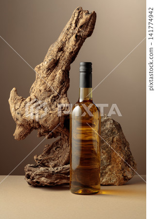 White wine with old driftwood and a piece of granite rock. White wine with old driftwood and a piece of granite rock. 141774942